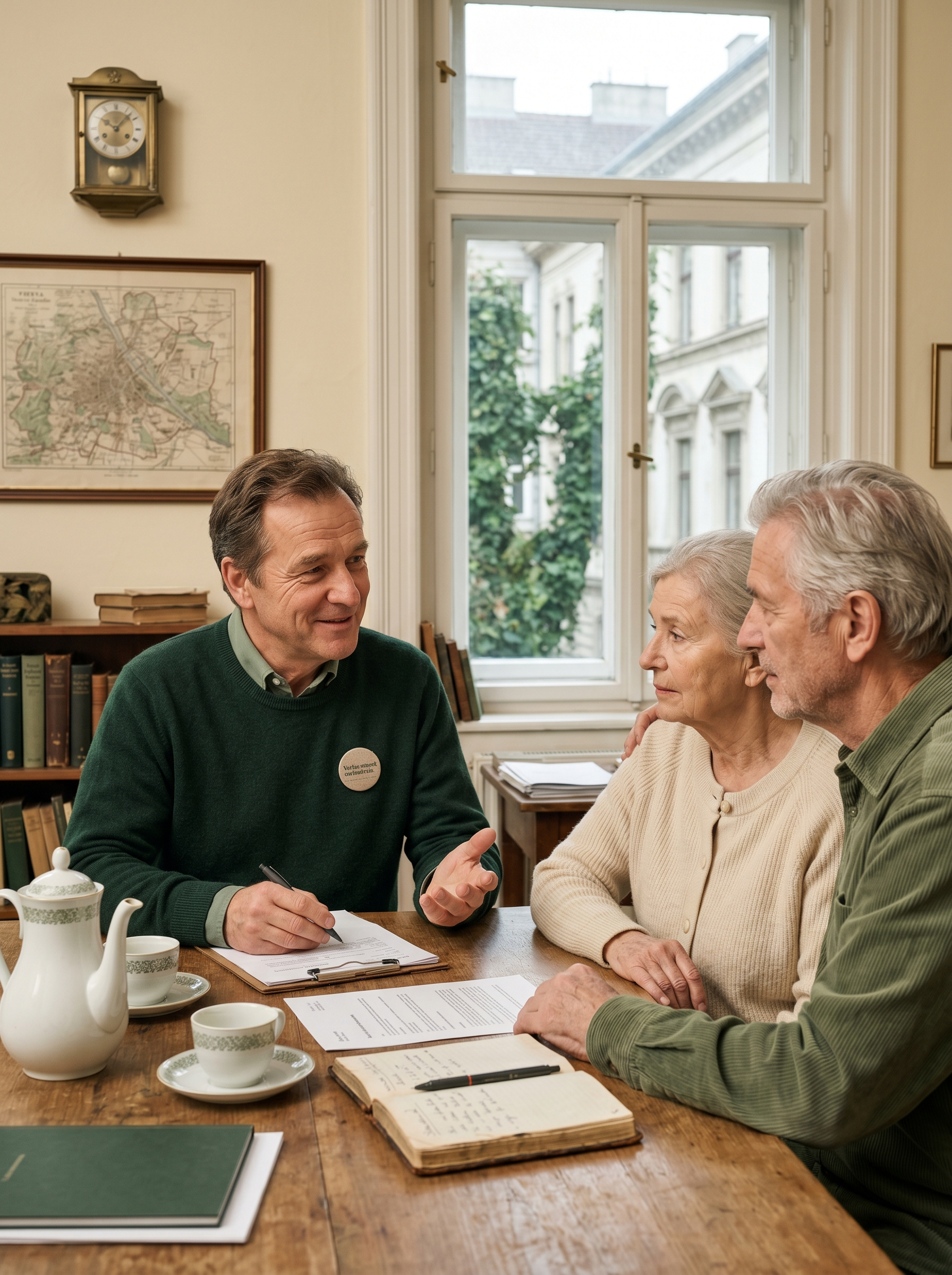 Beratungsgespräch im Wohnzimmer mit älterem Paar